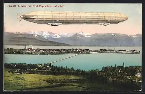 AK Lindau, Graf Zeppelins Luftschiff vor Bodensee-Kulisse