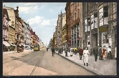 AK Karlsruhe, Kaiserstrasse mit Strassenbahn