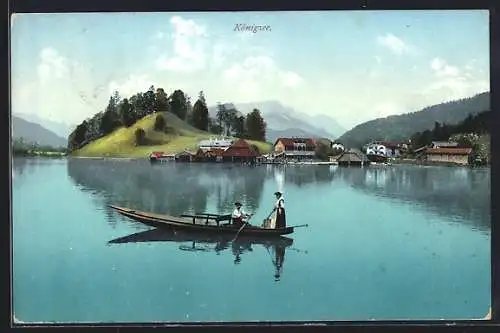 AK Königsee / Berchtesgaden, Blick über den See mit Boot