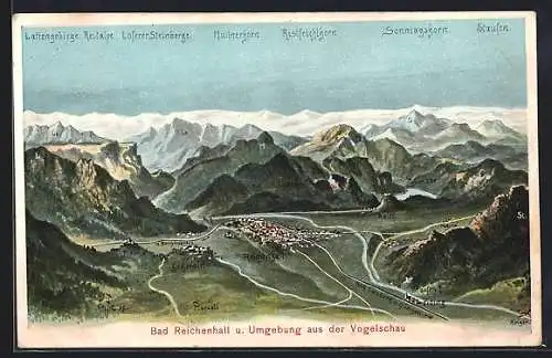 Künstler-AK Eugen Felle: Bad Reichenhall, Ort und die Umgebung aus der Vogelschau, Blick zum Sonntagshorn und Staufen