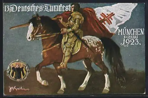 Künstler-AK München, 13. Deutsches Turnfest 1923, Ritter zu Ross und Münchner Kindl