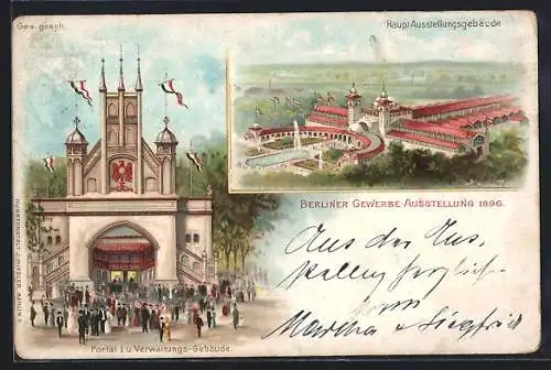 Lithographie Berlin, Berliner Gewerbe-Ausstellung 1896, Portal I & Verwaltungs-Gebäude