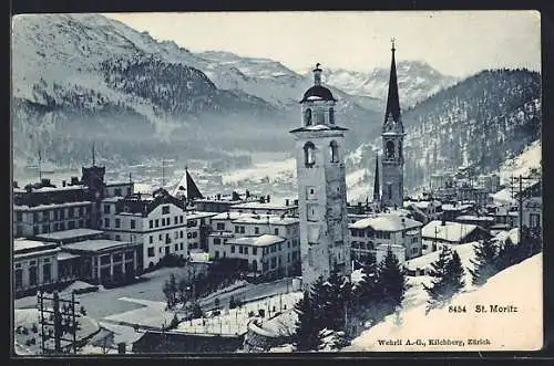 AK St. Moritz, Teilansicht mit Kirche im Winter