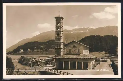 AK St. Moritz, Kirche mit Bergpanorama