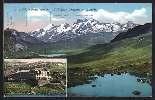 AK Melchsee-Frutt, Hotel Reinhard a. See, Titliskette, Melchsee u. Blausee mit Boni, Jochpass und Reissend Nollen