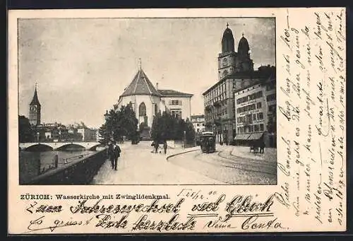 AK Zürich, Wasserkirche mit Zwinglidenkmal