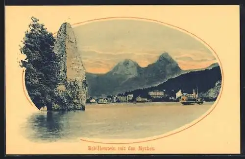 AK Vierwaldstättersee, Schillerstein mit den Mythen, Dampfer