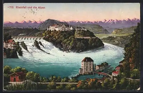 AK Wasserfall, Rheinfall und die Alpen