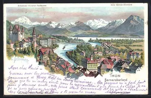 Künstler-Lithographie C. Steinmann: Berner-Oberland, Thun Panorama