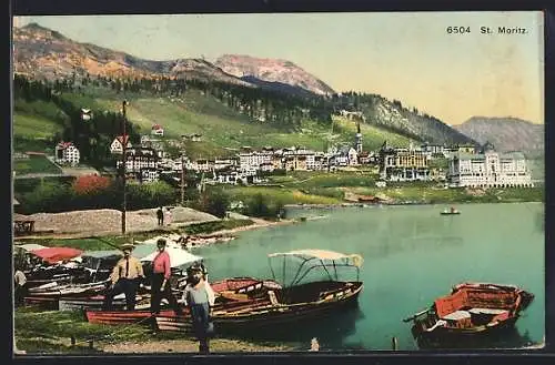 AK St. Moritz, Ortsansicht, Boote am Ufer