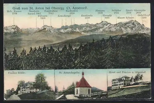 AK St. Anton, Pension Rössle, St. Antonskapelle, Hotel und Pension z. Alpenhof