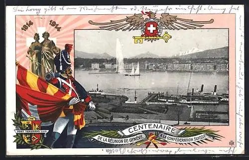 AK Geneve, Ortsansicht, Hafen mit Dampfer, Fahnen, Adler mit Schlüssel