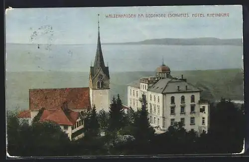 AK Walzenhausen am Bodensee, Blick auf das Hotel Rheinburg und die Kirche aus der Vogelschau