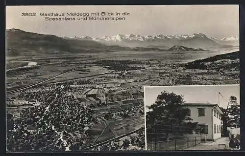 AK Walzenhausen, Gasthaus Meldegg mit Blick in die Scesaplana und Bündneralpen