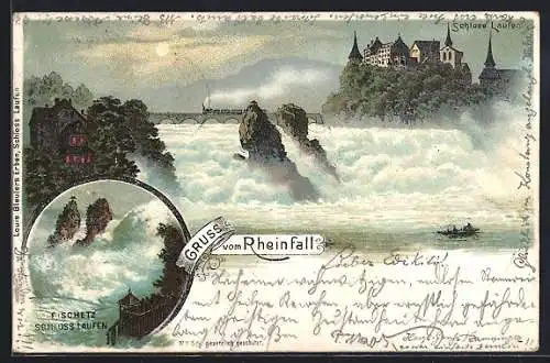 Lithographie Rheinfall, Fischetz, Schloss Laufen, Eisenbahn auf Brücke