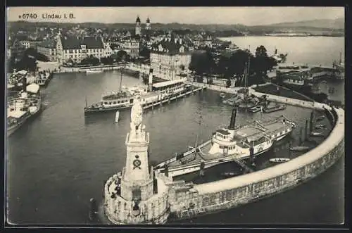 AK Lindau i. B., Dampfer mit Hafen aus der Vogelschau