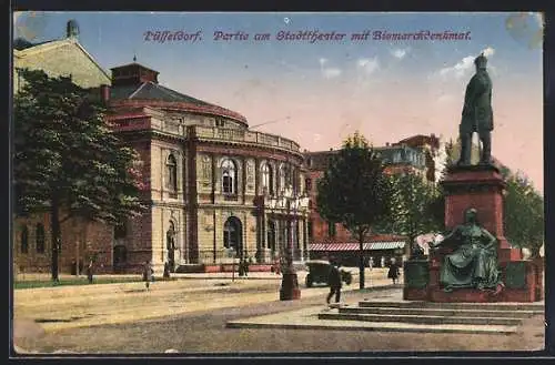 AK Düsseldorf, Partie am Stadttheater mit Bismarckdenkmal