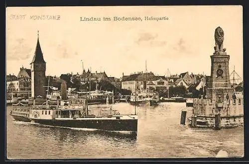 AK Lindau im Bodensee, Hafenpartie mit Dampfer