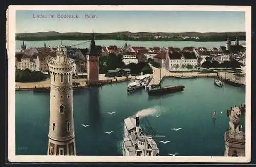 AK Lindau im Bodensee, Hafen mit Dampfer aus der Vogelschau