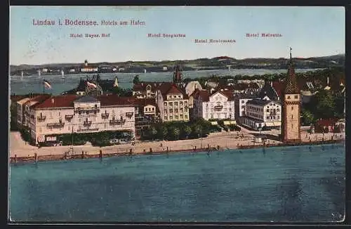 AK Lindau / Bodensee, Hotels Bayerischer Hof, Seegarten, Reutemann, Helvetia am Hafen