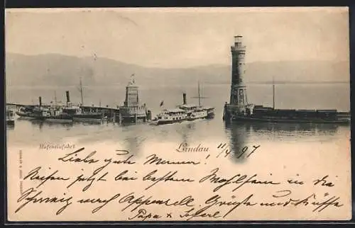 AK Lindau / Bodensee, Hafeneinfahrt mit Dampfer