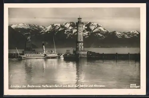 AK Lindau im Bodensee, Hafeneinfahrt mit Säntis und Altmann