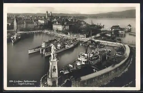 AK Lindau / Bodensee, Hafenmole und Segelclubhaus, Seitenraddampfer im Hafen, Fliegeraufnahme