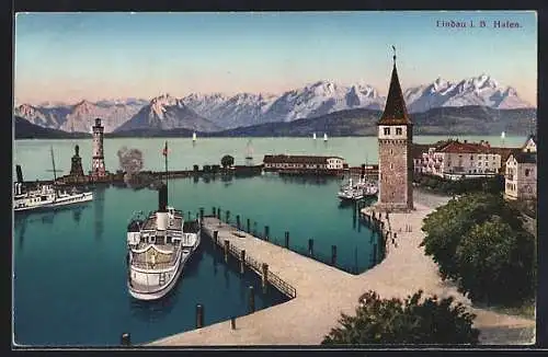 AK Lindau i. B., Hafen mit Dampfer aus der Vogelschau