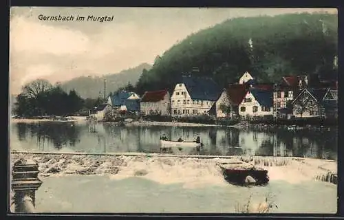 AK Gernsbach im Murgtal, Ortsansicht mit Ruderboot