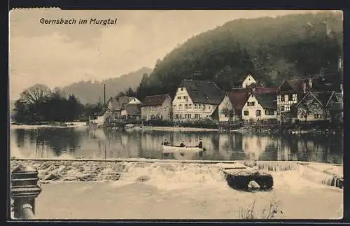 AK Gernsbach im Murgtal, Ortsansicht mit Ruderboot