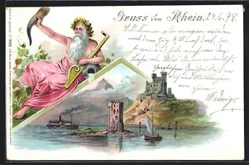 Lithographie Bingen, Ansicht mit Dampfschiff auf dem Rhein, Neptun