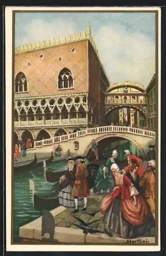 Künstler-AK Venezia, Ponte della Paglia e dei Sospiri, Art Deco, Bertani