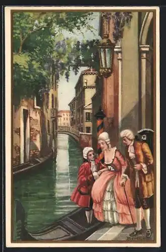 Künstler-AK sign. Bertani: Venedig, Frauen in der Begleitung zweier Männer am Kanal, Art Deco, Rio Albrizzi