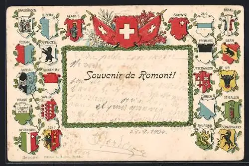 Präge-AK Romont, Schweizer Wappen mit Eichenlaub und Landesfahne, Graubünden, Appenzell, Zürich, St. Gallen