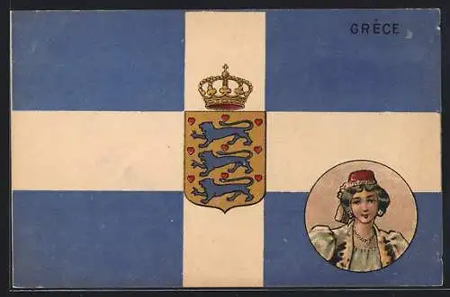 AK griechische Flagge mit Wappen und Frauenportrait in Tracht