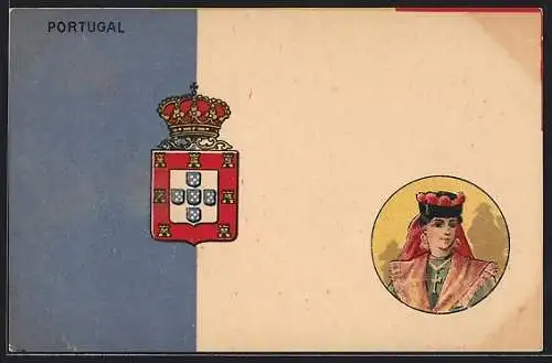 AK Portugal, Fahne, Wappen, Frau in Tracht