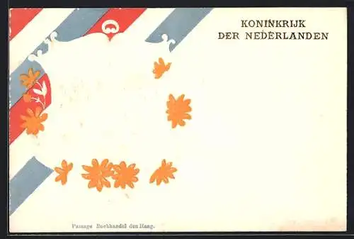 Präge-AK Niederländisches Wappen vor Landesfarben und orangen Blüten