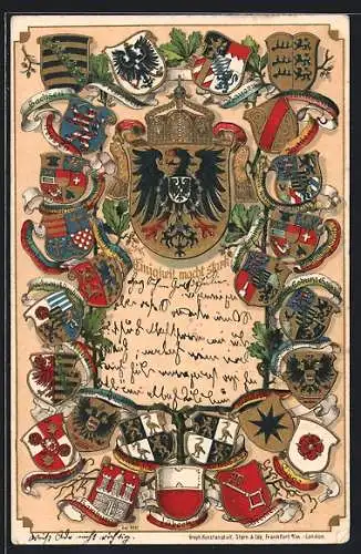 Lithographie Einigkeit macht stark!, Deutsche Wappen, u. a. von Schwarzburg, von Sachsen-Meiningen