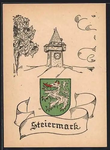 Künstler-AK Wappen der Steiermark vor Glockenturm