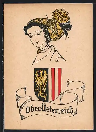 Künstler-AK Wappen von Ober-Österreich, Dame mit Kopfputz