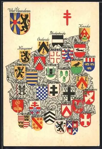 AK Wappenserie von Belgien: Wappen von West Vlaanderen und Umgebung