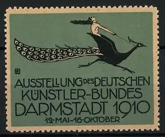 Reklamemarke Darmstadt, Ausstellung des Deutschen Künstler-Bundes 1910, Frau auf Vogel