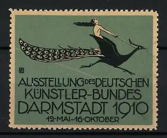 Reklamemarke Darmstadt, Ausstellung des Deutschen Künstler-Bundes 1910, Frau auf Pfau