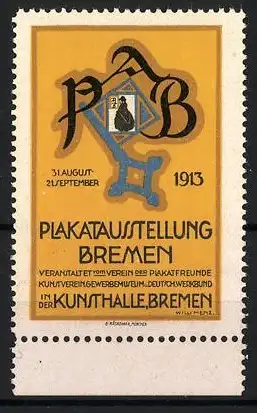 Reklamemarke Bremen, Plakatausstellung 1913, Schlüssel und Buchstaben PAB