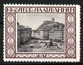 Reklamemarke Graz, K.K. Österr. Staatsbahnen, Stadtansicht mit Schlossberg