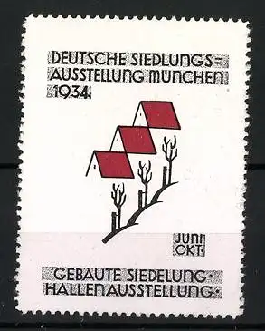 Reklamemarke München, Deutsche Siedlungsausstellung 1934, Rote Häuser auf Hügel