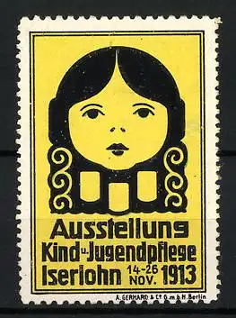 Reklamemarke Iserlohn, Ausstellung Kind- u. Jugendpflege, Gesicht, 1913