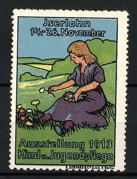 Reklamemarke Iserlohn, Ausstellung 1913 Kind- und Jugendpflege, Frau mit Blumenstrauss