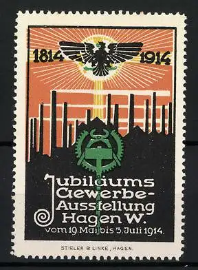 Reklamemarke Hagen, Jubiläums-Gewerbe-Ausstellung 1914, Reichsadler und Fabriken