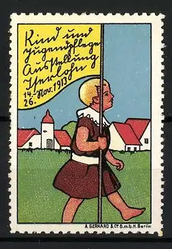 Reklamemarke Iserlohn, Kind und Jugendpflege Ausstellung 1913, Kind mit Fahne